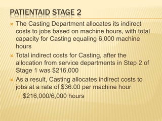 PATIENTAID STAGE 2






The Casting Department allocates its indirect
costs to jobs based on machine hours, with total
capacity for Casting equaling 6,000 machine
hours
Total indirect costs for Casting, after the
allocation from service departments in Step 2 of
Stage 1 was $216,000
As a result, Casting allocates indirect costs to
jobs at a rate of $36.00 per machine hour
= $216,000/6,000 hours

 