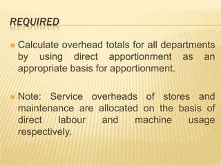 REQUIRED


Calculate overhead totals for all departments
by using direct apportionment as an
appropriate basis for apportionment.



Note: Service overheads of stores and
maintenance are allocated on the basis of
direct
labour
and
machine
usage
respectively.

 