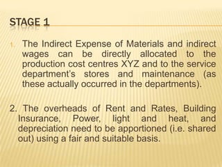 STAGE 1
1.

The Indirect Expense of Materials and indirect
wages can be directly allocated to the
production cost centres XYZ and to the service
department’s stores and maintenance (as
these actually occurred in the departments).

2. The overheads of Rent and Rates, Building
Insurance, Power, light and heat, and
depreciation need to be apportioned (i.e. shared
out) using a fair and suitable basis.

 