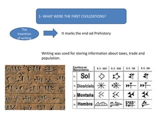 1- WHAT WERE THE FIRST CIVILIZATIONS?
The
invention
of writing
It marks the end od Prehistory
Writing was used for storing...