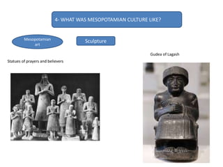 Statues of prayers and believers
Gudea of Lagash
4- WHAT WAS MESOPOTAMIAN CULTURE LIKE?
Mesopotamian
art
Sculpture
 