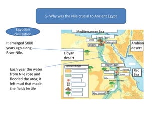 5- Why was the Nile crucial to Ancient Egypt
Ancient Egypt
Lower Egypt
Saqqara
Gyza
Memphis Arabian
desert
Upper Egypt
Tebas
Edfu
Luxor
Karnak
Red
Sea
Abu Simbel
Libyan
desert
Mediterranean Sea
Egyptian
civilization
It emerged 5000
years ago along
River Nile.
Each year the water
from Nile rose and
flooded the area; it
left mud that made
the fields fertile
 