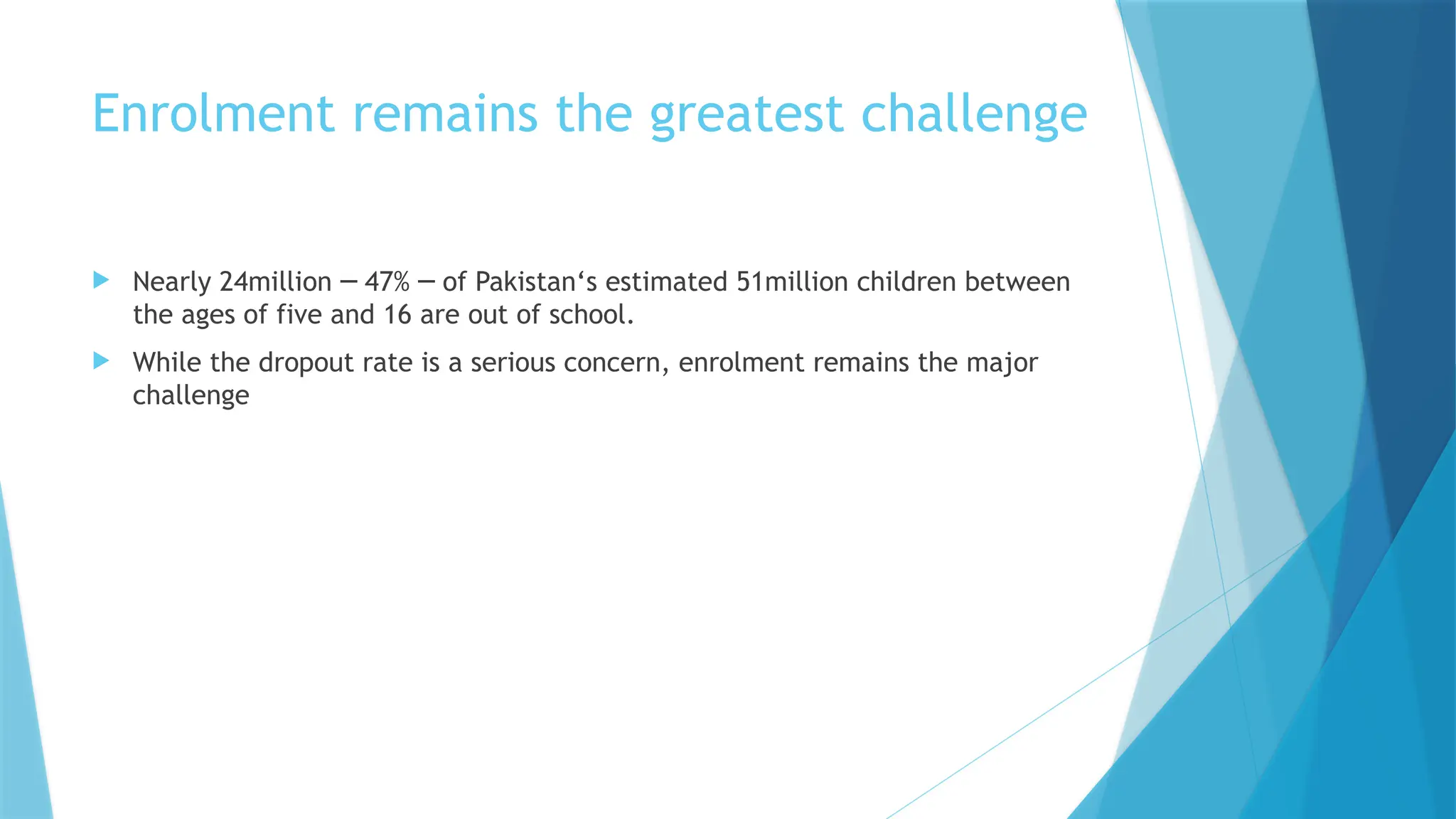 Enrolment remains the greatest challenge
 Nearly 24million 47% of Pakistan‘s estimated 51million children between
─ ─
the ages of five and 16 are out of school.
 While the dropout rate is a serious concern, enrolment remains the major
challenge
 