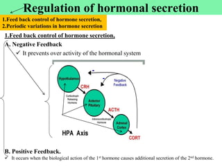 Regulation of hormonal secretion
1.Feed back control of hormone secretion,
A. Negative Feedback
 It prevents over activity of the hormonal system
B. Positive Feedback.
 It occurs when the biological action of the 1st hormone causes additional secretion of the 2nd hormone.
1.Feed back control of hormone secretion,
2.Periodic variations in hormone secretion
 