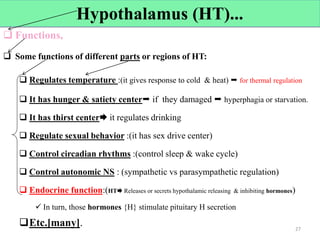  Functions,
 Some functions of different parts or regions of HT:
 Regulates temperature :(it gives response to cold & heat)  for thermal regulation
 It has hunger & satiety center if they damaged  hyperphagia or starvation.
 It has thirst center it regulates drinking
 Regulate sexual behavior :(it has sex drive center)
 Control circadian rhythms :(control sleep & wake cycle)
 Control autonomic NS : (sympathetic vs parasympathetic regulation)
 Endocrine function:(HT Releases or secrets hypothalamic releasing & inhibiting hormones)
 In turn, those hormones {H} stimulate pituitary H secretion
Etc.[many]. 27
Hypothalamus (HT)...
 