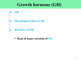 a. GH
b. Physiological effect of GH
c. Disorders of GH
 Hypo & hyper secretion of GH
50
Growth hormone (GH)
 