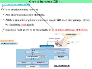 Growth hormone (GH)…
a. Growth hormone (GH)
 Is an anterior pituitary hormone
 Also known as somatotropic hormone.
 All the major anterior pituitary hormones, except GH, exert their principal effects
by stimulating target glands.
 In contrast ‘GH’ exerts its effects directly on all or almost all tissues of the body.
=IGF-1
Fig. Effects of GH 51
Somatomedin-cIGF-1
IGF-1 Insulin like growth factor-1
 
