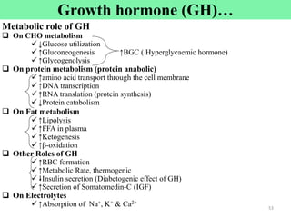 Cont’d
Metabolic role of GH
 On CHO metabolism
 ↓Glucose utilization
 ↑Gluconeogenesis ↑BGC ( Hyperglycaemic hormone)
 ↑Glycogenolysis
 On protein metabolism (protein anabolic)
 ↑amino acid transport through the cell membrane
 ↑DNA transcription
 ↑RNA translation (protein synthesis)
 ↓Protein catabolism
 On Fat metabolism
 ↑Lipolysis
 ↑FFA in plasma
 ↑Ketogenesis
 ↑β-oxidation
 Other Roles of GH
 ↑RBC formation
 ↑Metabolic Rate, thermogenic
 Insulin secretion (Diabetogenic effect of GH)
 ↑Secretion of Somatomedin-C (IGF)
 On Electrolytes
 ↑Absorption of Na+, K+ & Ca2+
53
Growth hormone (GH)…
 