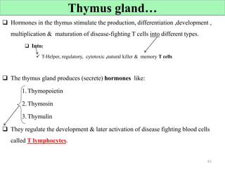 Cont’d
 Hormones in the thymus stimulate the production, differentiation ,development ,
multiplication & maturation of disease-fighting T cells into different types.
 Into:
 T-Helper, regulatory, cytotoxic ,natural killer & memory T cells
 The thymus gland produces (secrete) hormones like:
1.Thymopoietin
2.Thymosin
3.Thymulin
 They regulate the development & later activation of disease fighting blood cells
called T lymphocytes.
61
Thymus gland…
 