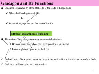  Glucagon is secreted by alpha () cells of the islets of Langerhans
 When the blood [glucose] falls:

 Diametrically oppose the function of insulin
Effects of glucagon on Metabolism
 The major effects of glucagon on glucose metabolism are:
1. Breakdown of liver glycogen (glycogenolysis) to glucose
2. Increase gluconeogenesis in the liver
 Both of these effects greatly enhance the glucose availability to the other organs of the body
 And increase blood glucose concentration.
72
Glucagon and Its Functions
Effects of glucagon on Metabolism
 