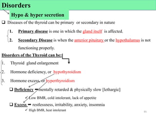  Hypo & hyper secretion
 Diseases of the thyroid can be primary or secondary in nature
1. Primary disease is one in which the gland itself is affected.
2. Secondary Disease is when the anterior pituitary or the hypothalamus is not
functioning properly.
Disorders of the Thyroid can be:
1. Thyroid gland enlargement
2. Hormone deficiency, or hypothyroidism
3. Hormone excess, or hyperthyroidism
 Deficiency mentally retarded & physically slow [lethargic]
 Low BMR, cold intolerant, lack of appetite
 Excess  restlessness, irritability, anxiety, insomnia
 High BMR, heat intolerant 85
Disorders
Hypo & hyper secretion
 