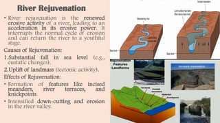 River Rejuvenation
• River rejuvenation is the renewed
erosive activity of a river, leading to an
acceleration in its erosive power. It
interrupts the normal cycle of erosion
and can return the river to a youthful
stage.
Causes of Rejuvenation:
1.Substantial fall in sea level (e.g.,
eustatic changes).
2.Uplift of landmass (tectonic activity).
Effects of Rejuvenation:
• Formation of features like incised
meanders, river terraces, and
knickpoints.
• Intensified down-cutting and erosion
in the river valley.
 