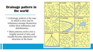 Drainage pattern in
the world
• A drainage pattern is the way
in which a river and its
tributaries arrange themselves
within their tributaries and
distributaries.
• Most patterns evolve over a
lengthy period of time and
usually become adjusted to the
structure of the basin
 