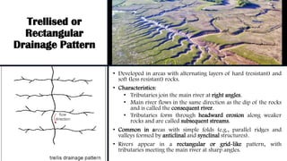 Trellised or
Rectangular
Drainage Pattern
• Developed in areas with alternating layers of hard (resistant) and
soft (less resistant) rocks.
• Characteristics:
• Tributaries join the main river at right angles.
• Main river flows in the same direction as the dip of the rocks
and is called the consequent river.
• Tributaries form through headward erosion along weaker
rocks and are called subsequent streams.
• Common in areas with simple folds (e.g., parallel ridges and
valleys formed by anticlinal and synclinal structures).
• Rivers appear in a rectangular or grid-like pattern, with
tributaries meeting the main river at sharp angles.
 