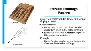 Parallel Drainage
Pattern
• Occurs on newly uplifted land or uniformly
sloping surfaces.
• Characteristics:
• Rivers and tributaries flow parallel to
each other, often in the same direction.
• Formed in areas with uniform slope and
little geological variation.
• Example:
• Rivers flowing south-eastwards from the
Aberdare Mountains in Kenya.
 