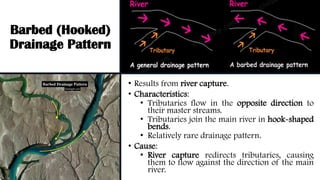 Barbed (Hooked)
Drainage Pattern
• Results from river capture.
• Characteristics:
• Tributaries flow in the opposite direction to
their master streams.
• Tributaries join the main river in hook-shaped
bends.
• Relatively rare drainage pattern.
• Cause:
• River capture redirects tributaries, causing
them to flow against the direction of the main
river.
 