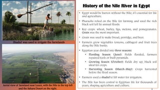 History of the Nile River in Egypt
Shaduf was used to irrigate the farmlands
Aerial view of farmland near Luxor, with the Nile in the top left
and the Sahara Desert on the right.
 