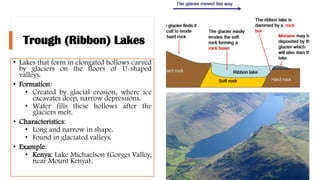 Trough (Ribbon) Lakes
• Lakes that form in elongated hollows carved
by glaciers on the floors of U-shaped
valleys.
• Formation:
• Created by glacial erosion, where ice
excavates deep, narrow depressions.
• Water fills these hollows after the
glaciers melt.
• Characteristics:
• Long and narrow in shape.
• Found in glaciated valleys.
• Example:
• Kenya: Lake Michaelson (Gorges Valley,
near Mount Kenya).
 
