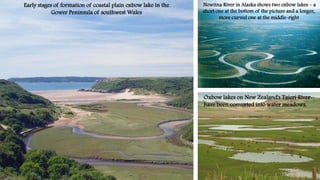 Early stages of formation of coastal plain oxbow lake in the
Gower Peninsula of southwest Wales
Oxbow lakes on New Zealand's Taieri River
have been converted into water meadows.
Nowitna River in Alaska shows two oxbow lakes – a
short one at the bottom of the picture and a longer,
more curved one at the middle-right
 