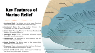 Key Features of
Marine Relief
1. Continental Shelf: The shallow part of the ocean floor that
stretches from the coastline to the continental slope.
2. Continental Slope: The steep incline between the
continental shelf and the deep ocean floor.
3. Ocean Basin: The deep, flat areas of the ocean floor located
between the continental slopes.
4. Mid-Ocean Ridges: Long, underwater mountain ranges
formed by tectonic movements.
5. Abyssal Plains: Flat, deep parts of the ocean floor that are
covered with fine sediments.
6. Ocean Trenches: The deepest parts of the ocean, often
formed by tectonic subduction.
7. Seamounts: Underwater mountains that rise from the ocean
floor but do not break the surface of the sea.
8. Oceanic Islands: Islands formed from volcanic activity on
the ocean floor, rising above the surface.
 
