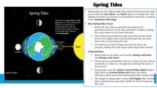 Spring Tides
• Spring tides are the highest high tides and the lowest low tides that
occur when the Sun, Moon, and Earth align in a straight line. This
alignment leads to an increase in gravitational attraction, resulting
in the maximum tidal range.
• How Spring Tides Occur:
• When the Sun, Moon, and Earth are aligned, the
gravitational forces of the Sun and Moon combine, pulling
the ocean waters in the same direction.
• The combined gravitational pull causes the ocean's water
level to rise higher than usual during high tide and drop
lower than usual during low tide.
• The difference between high tide and low tide is the
greatest, making the tidal range much larger than normal.
• Characteristics:
• Spring tides occur twice each month: during a full moon
and during a new moon.
• These times are predictable and occur when the Sun, Moon,
and Earth are either in a straight line (during full moon or
new moon).
• Spring tides cause the water to move further inland (higher
high tides) and retreat further out (lower low tides),
affecting coastal areas more dramatically than regular tides.
• The height of spring tides is about 20% higher than normal
tides, making them especially notable for those living near
the coast.
 