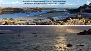 Comparison of low tide and high tide at Chausey archipelago
[Wiki] (Saint Malo, France); tidal range of over 14 meters.
 