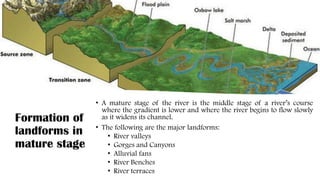 Formation of
landforms in
mature stage
• A mature stage of the river is the middle stage of a river’s course
where the gradient is lower and where the river begins to flow slowly
as it widens its channel.
• The following are the major landforms:
• River valleys
• Gorges and Canyons
• Alluvial fans
• River Benches
• River terraces
 