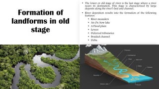 Formation of
landforms in old
stage
• The lower or old stage of river is the last stage where a river
nears its destination. This stage is characterized by large
deposits along the river’s bed and channel.
• River deposition results into the formation of the following
features:
• River meanders
• An Ox-bow lake
• A Flood plain
• Levees
• Deferred tributaries
• Braided channel
• Delta
 