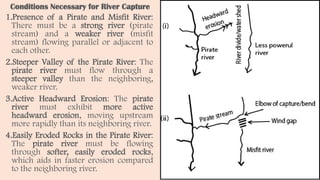 Conditions Necessary for River Capture
1.Presence of a Pirate and Misfit River:
There must be a strong river (pirate
stream) and a weaker river (misfit
stream) flowing parallel or adjacent to
each other.
2.Steeper Valley of the Pirate River: The
pirate river must flow through a
steeper valley than the neighboring,
weaker river.
3.Active Headward Erosion: The pirate
river must exhibit more active
headward erosion, moving upstream
more rapidly than its neighboring river.
4.Easily Eroded Rocks in the Pirate River:
The pirate river must be flowing
through softer, easily eroded rocks,
which aids in faster erosion compared
to the neighboring river.
 