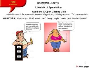 7
FCE
by Matifmarin
GRAMMAR – UNIT 9GRAMMAR – UNIT 9
1. Modals of Speculation
Auditions & Open Casting Calls
Models search...