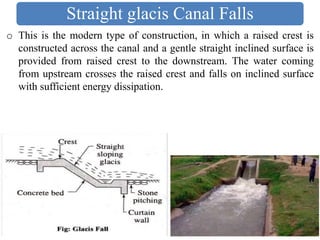 o This is the modern type of construction, in which a raised crest is
constructed across the canal and a gentle straight inclined surface is
provided from raised crest to the downstream. The water coming
from upstream crosses the raised crest and falls on inclined surface
with sufficient energy dissipation.
Straight glacis Canal Falls
 