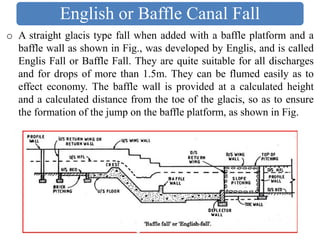 o A straight glacis type fall when added with a baffle platform and a
baffle wall as shown in Fig., was developed by Englis, and is called
Englis Fall or Baffle Fall. They are quite suitable for all discharges
and for drops of more than 1.5m. They can be flumed easily as to
effect economy. The baffle wall is provided at a calculated height
and a calculated distance from the toe of the glacis, so as to ensure
the formation of the jump on the baffle platform, as shown in Fig.
English or Baffle Canal Fall
 
