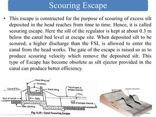 Scouring Escape
• This escape is constructed for the purpose of scouring of excess silt
deposited in the head reaches from time to time. Hence, it is called
scouring escape. Here the sill of the regulator is kept at about 0.3 m
below the canal bed level at escape site. When deposited silt to be
scoured, a higher discharge than the FSL is allowed to enter the
canal from the head works. The gate of the escape is raised so as to
produce scouring velocity which remove the deposited silt. This
type of Escape has become obsolete as silt ejector provided in the
canal can produce better efficiency.
 
