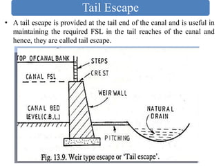 Tail Escape
• A tail escape is provided at the tail end of the canal and is useful in
maintaining the required FSL in the tail reaches of the canal and
hence, they are called tail escape.
 