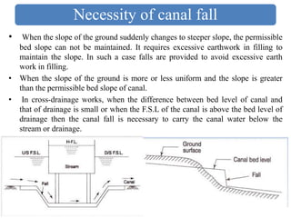 Necessity of canal fall
• When the slope of the ground suddenly changes to steeper slope, the permissible
bed slope can not be maintained. It requires excessive earthwork in filling to
maintain the slope. In such a case falls are provided to avoid excessive earth
work in filling.
• When the slope of the ground is more or less uniform and the slope is greater
than the permissible bed slope of canal.
• In cross-drainage works, when the difference between bed level of canal and
that of drainage is small or when the F.S.L of the canal is above the bed level of
drainage then the canal fall is necessary to carry the canal water below the
stream or drainage.
 