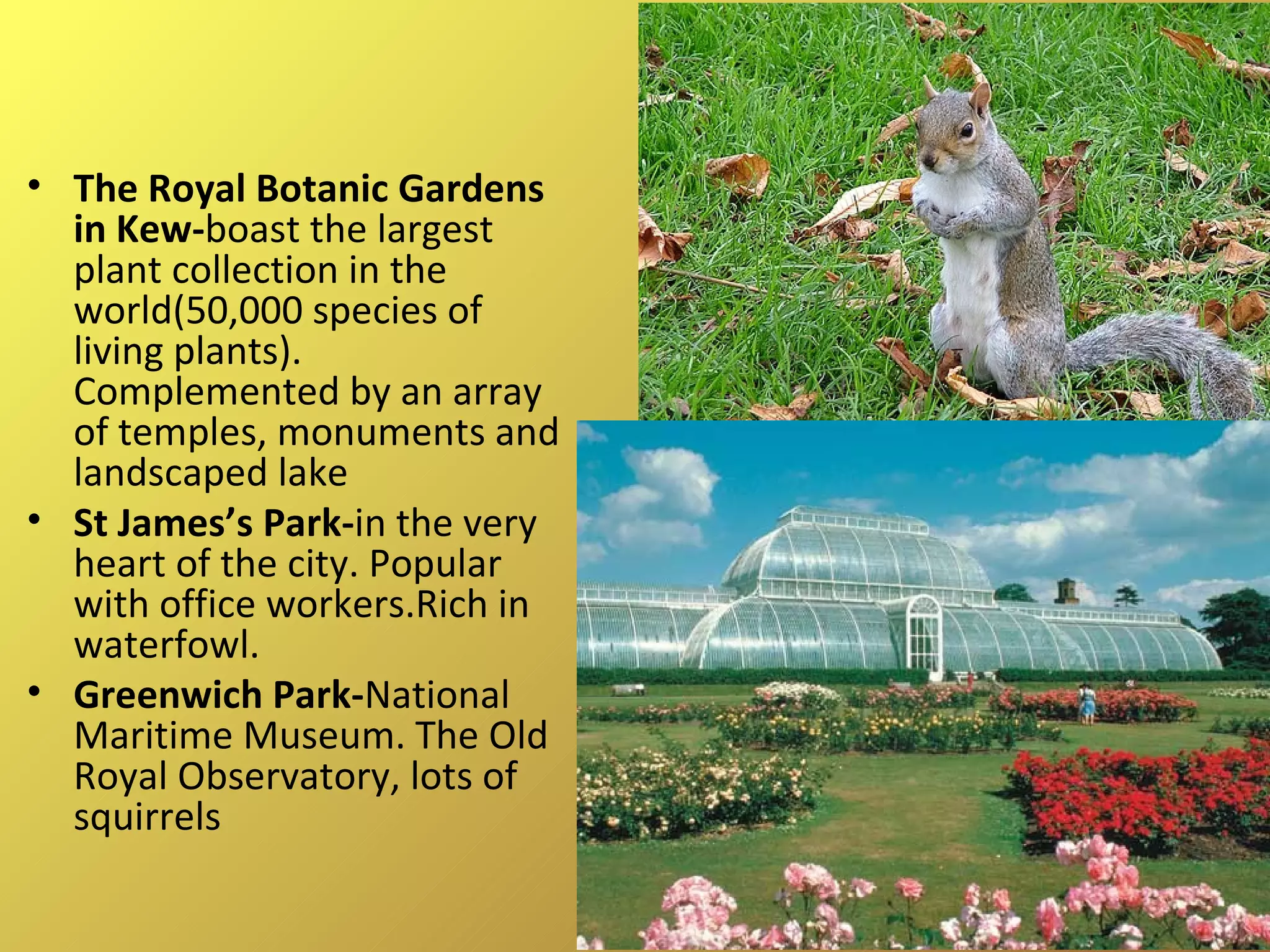 The Royal Botanic Gardens in Kew- boast the largest plant collection in the world(50,000 species of living plants). Complemented by an array of temples, monuments and landscaped lake St James’s Park- in the very heart of the city. Popular with office workers.Rich in waterfowl. Greenwich Park- National Maritime Museum. The Old Royal Observatory, lots of squirrels 