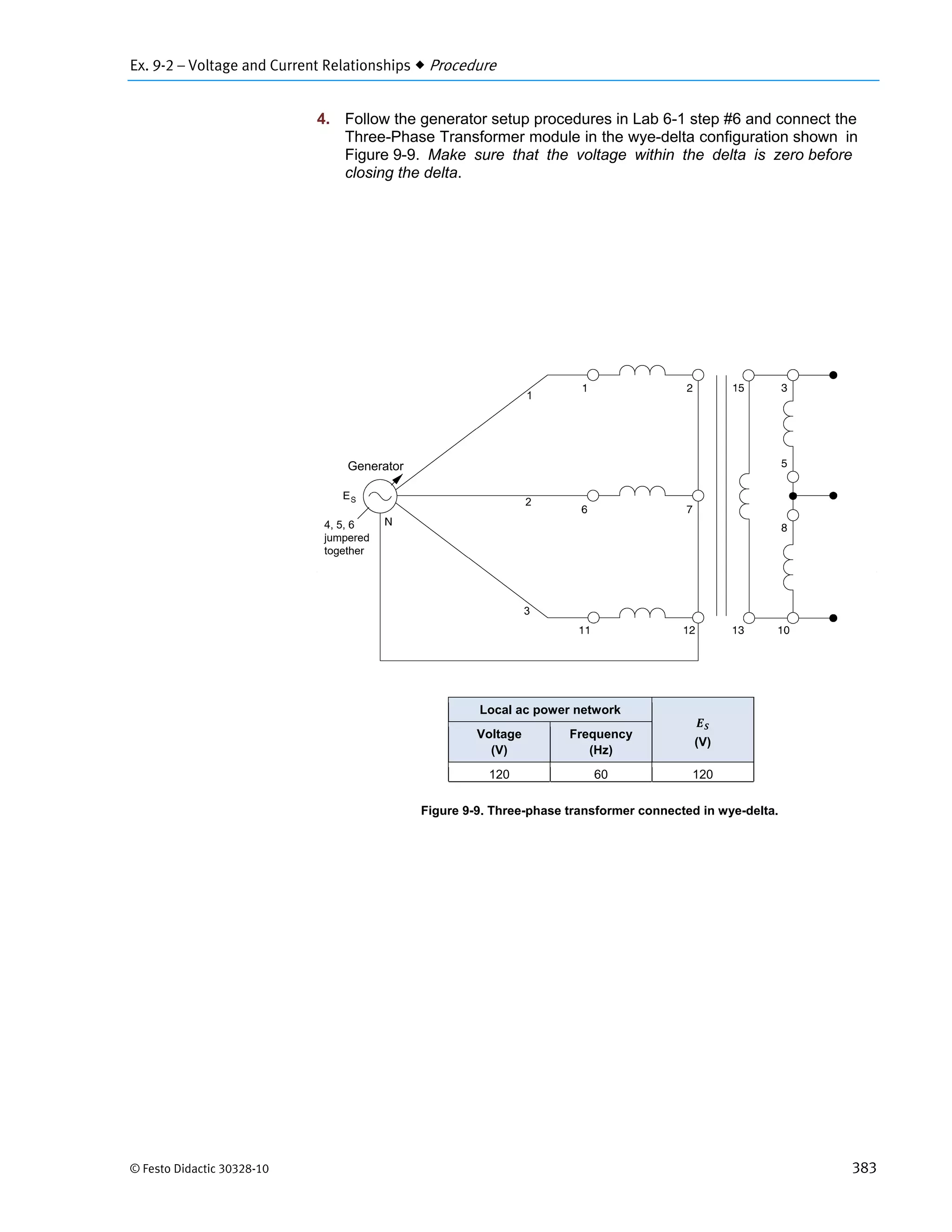 Ex. 9-2 – Voltage and Current Relationships  Procedure
© Festo Didactic 30328-10 383
4. Follow the generator setup procedures in Lab 6-1 step #6 and connect the
Three-Phase Transformer module in the wye-delta configuration shown in
Figure 9-9. Make sure that the voltage within the delta is zero before
closing the delta.
Figure 9-9. Three-phase transformer connected in wye-delta.
Local ac power network
(V)
Voltage
(V)
Frequency
(Hz)
120 60 120
Generator
1
2
3
4, 5, 6
jumpered
together
 