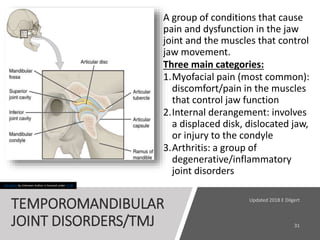 TEMPOROMANDIBULAR
JOINT DISORDERS/TMJ
A group of conditions that cause
pain and dysfunction in the jaw
joint and the muscles that control
jaw movement.
Three main categories:
1.Myofacial pain (most common):
discomfort/pain in the muscles
that control jaw function
2.Internal derangement: involves
a displaced disk, dislocated jaw,
or injury to the condyle
3.Arthritis: a group of
degenerative/inflammatory
joint disorders
This Photo by Unknown Author is licensed under CC BY
 