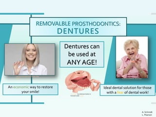 REMOVALBLE PROSTHODONTICS:
DENTURES
This Photo by Unknown Author is
licensed under CC BY
young and old people with dentures - Bing
images
An economic way to restore
your smile!
Dentures can
be used at
ANY AGE!
People Wuth Dentures - Bing images
Ideal dental solution for those
with a fear of dental work!
A. Schmidt
L. Pearson
 