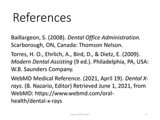 References
Updated 2018 E Dilgert 51
Baillargeon, S. (2008). Dental Office Administration.
Scarborough, ON, Canada: Thomson Nelson.
Torres, H. O., Ehrlich, A., Bird, D., & Dietz, E. (2009).
Modern Dental Assisting (9 ed.). Philadelphia, PA, USA:
W.B. Saunders Company.
WebMD Medical Reference. (2021, April 19). Dental X-
rays. (B. Nazario, Editor) Retrieved June 1, 2021, from
WebMD: https://www.webmd.com/oral-
health/dental-x-rays
 