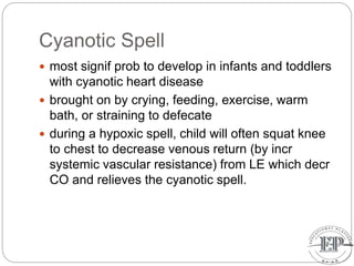Cyanotic Spell
 most signif prob to develop in infants and toddlers
with cyanotic heart disease
 brought on by crying, feeding, exercise, warm
bath, or straining to defecate
 during a hypoxic spell, child will often squat knee
to chest to decrease venous return (by incr
systemic vascular resistance) from LE which decr
CO and relieves the cyanotic spell.
 
