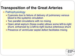 Transposition of the Great Arteries
 Pathophysiology
 Cyanosis due to failure of delivery of pulmonary venous
blood to the systemic circulation
 Two parallel circulations with no mixing
 Open atrial septum (fossa ovalis) allows some left-to-right
shunt, enhanced by a left-to-right ductus arteriosus shunt
 Presence of ventricular septal defect facilitates mixing
 