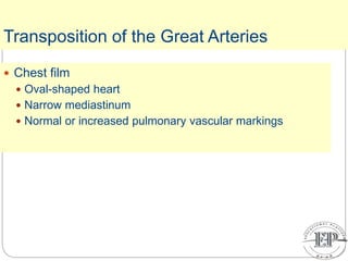 Transposition of the Great Arteries
 Chest film
 Oval-shaped heart
 Narrow mediastinum
 Normal or increased pulmonary vascular markings
 