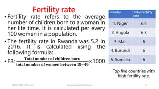 Fertility rate
• Fertility rate refers to the average
number of children born to a woman in
her life time. It is calculated per every
100 women in a population.
• The fertility rate in Rwanda was 5.2 in
2016. It is calculated using the
following formula:
• FR:
𝐓𝐨𝐭𝐚𝐥 𝐧𝐮𝐦𝐛𝐞𝐫 𝐨𝐟 𝐜𝐡𝐢𝐥𝐝𝐫𝐞𝐧 𝐛𝐨𝐫𝐧
𝐭𝐨𝐭𝐚𝐥 𝐧𝐮𝐦𝐛𝐞𝐫 𝐨𝐟 𝐰𝐨𝐦𝐞𝐧 𝐛𝐞𝐭𝐰𝐞𝐞𝐧 𝟏𝟓−𝟒𝟗
×1000
08/02/2023 12:05 carra Dusabimana Jean D Amour 16
Top five countries with
high fertility rate.
country Total Fertility
rate
1. Niger 6.4
2. Angola 6.3
3. Mali 6
4. Burundi 6
5. Somalia 6
 
