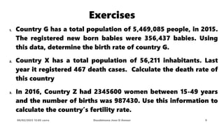 Exercises
1. Country G has a total population of 5,469,085 people, in 2015.
The registered new born babies were 356,437 babies. Using
this data, determine the birth rate of country G.
2. Country X has a total population of 56,211 inhabitants. Last
year it registered 467 death cases. Calculate the death rate of
this country
3. In 2016, Country Z had 2345600 women between 15-49 years
and the number of births was 987430. Use this information to
calculate the country’s fertility rate.
08/02/2023 12:05 carra Dusabimana Jean D Amour 9
 