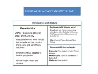 3- WHAT WAS RENAISSANCE ARCHITECTURE LIKE?
Renaissance architecture
Characteristics
Quattrocento (Artists and works)
Cinquecento (Artists and works)
Classical elements were revived
(semicircular arches, classical
Doric, Ionic and Corinthians
columns)
Smaller buildings adapted to
human proportions.
Ornamention simple and
austere.
GOAL: To create a sense of
order and harmony.
Brunelleschi was the most outstanding
artist: Dome of the Cathedral of Florence,
Pitti Palace, churches of San Lorenzo and
Santo Spirito.
Alberti: Rucellai Palace, Basilica of Sant
Andrea.
Bramante: First project of Saint Peter’s
Basilica.
Michelangelo: Dome of Saint Peter’s
Cathedral.
Maderno: Final project.
 