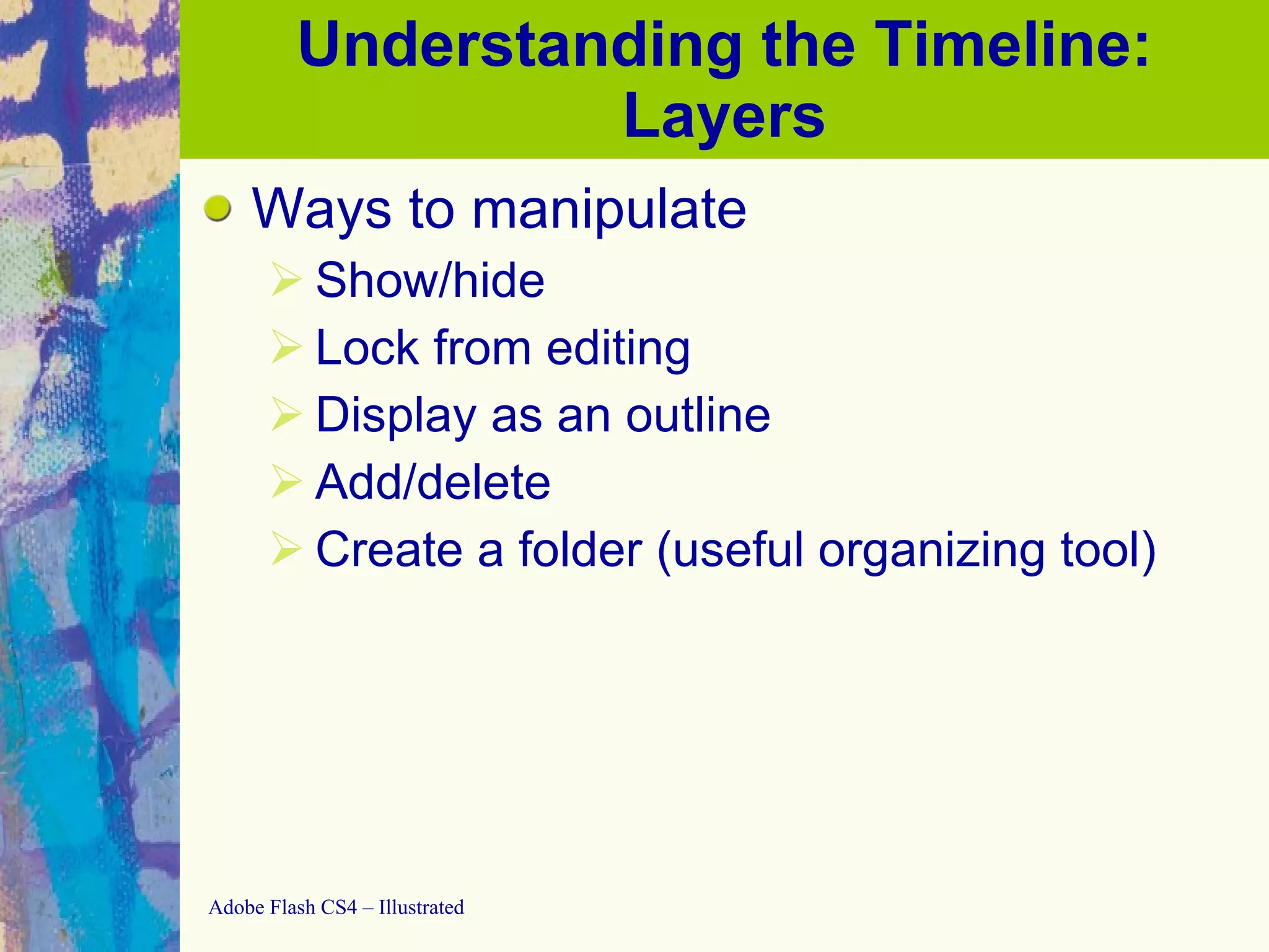 Understanding the Timeline: Layers Ways to manipulate Show/hide Lock from editing Display as an outline Add/delete Create a folder (useful organizing tool) 