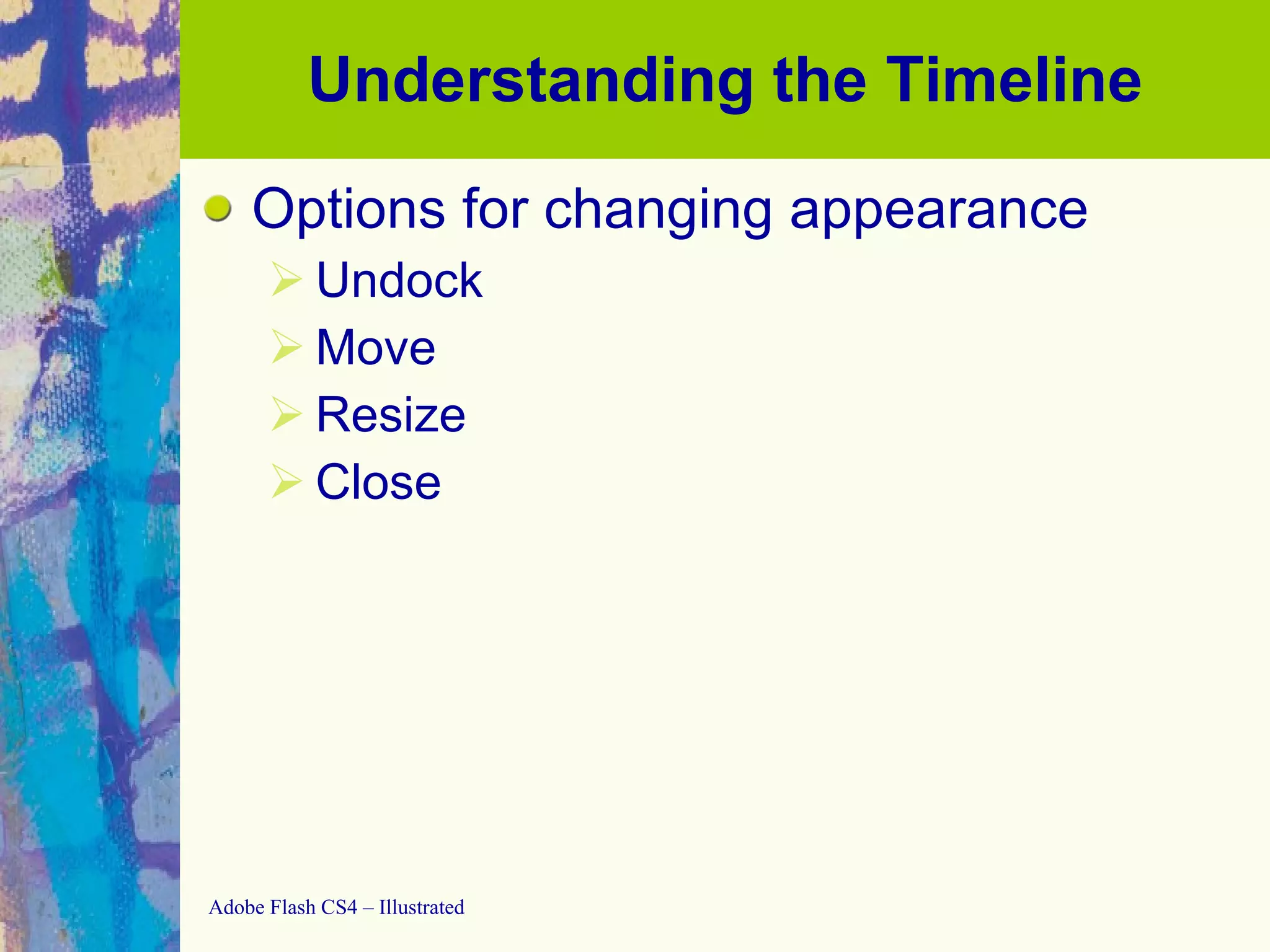 Understanding the Timeline Options for changing appearance Undock Move Resize Close 