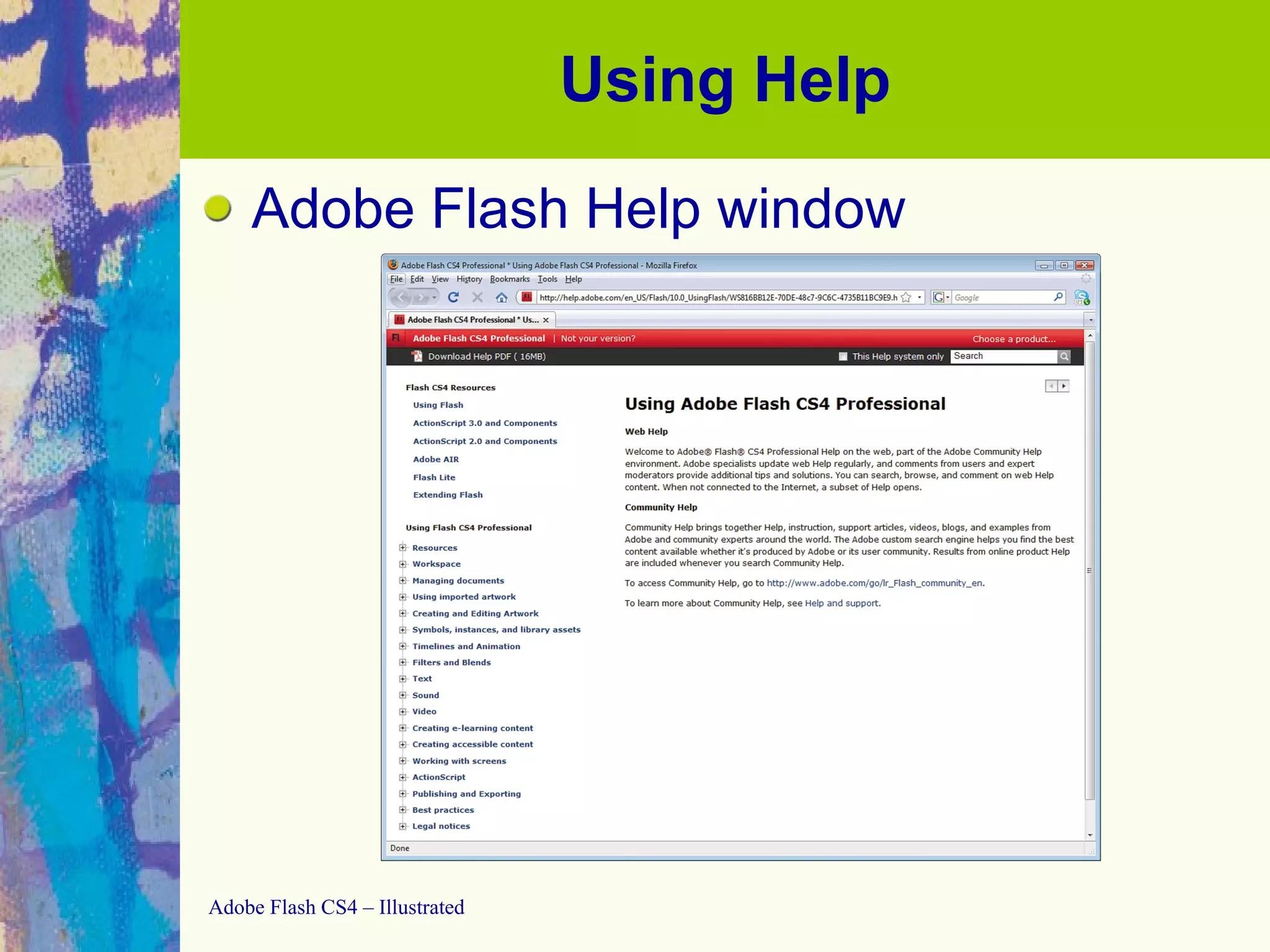 Using Help Adobe Flash Help window 