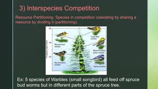 z3) Interspecies Competition
Resource Partitioning: Species in competition coexisting by sharing a
resource by dividing it (partitioning).
Ex: 5 species of Warbles (small songbird) all feed off spruce
bud worms but in different parts of the spruce ​tree.
 